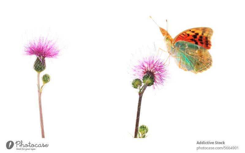 Ein lebendiger Pandora Schmetterling sitzt auf einer lila Distelblüte vor einem weißen Hintergrund Stachelige Kratzdistel violette Blume gehockt Insekt Natur