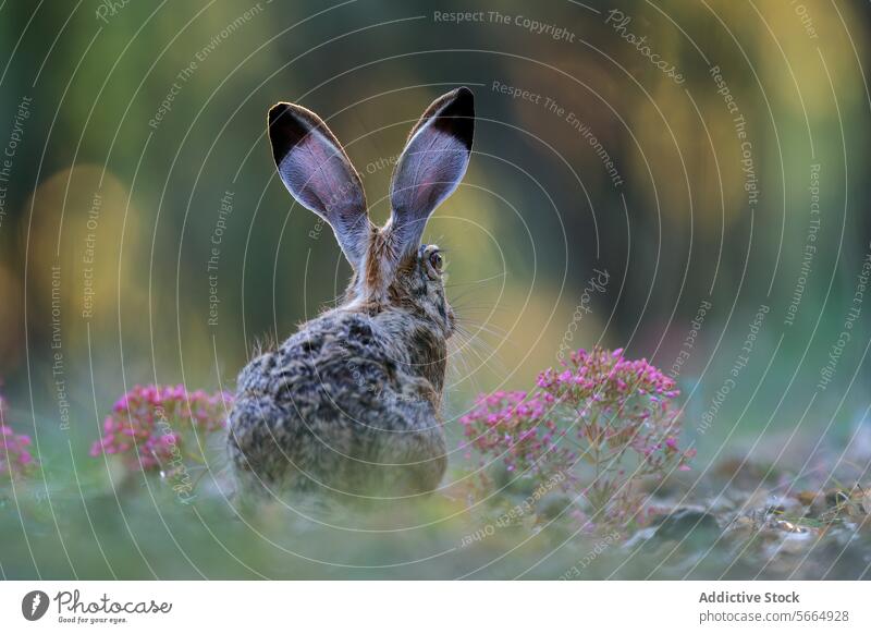 Ein brauner Hase sitzt wachsam inmitten rosa Wildblumen, seine großen Ohren sind aufgerichtet und fügen sich in der Dämmerung in das Unterholz des Waldes ein