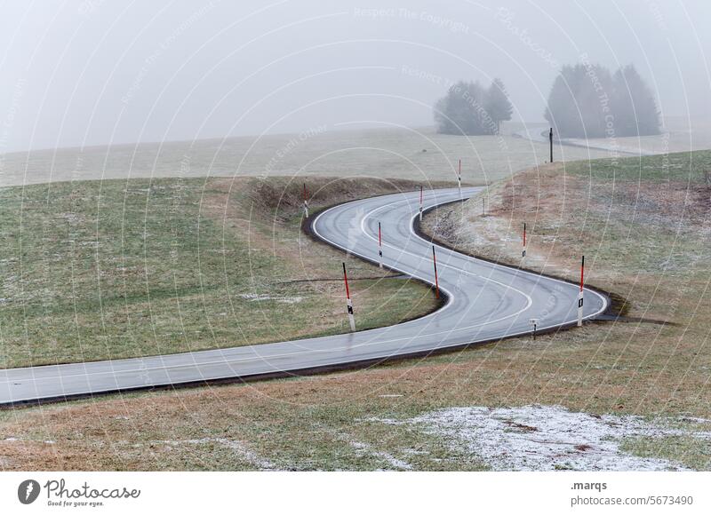 Kaltes S Hügel fahren Kurve Straße Verkehrswege Baum Wolken Himmel Landschaft Ausflug Ziel Mobilität Wiese Schlangenlinie Orientierung Nebel kalt Wetter Klima