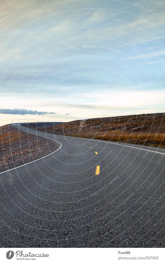 Einengung Landschaft Himmel Wolken Herbst Sträucher Flechten Menschenleer Verkehrswege Autofahren Straße Stein Beton Linie Streifen Asphalt fest blau gelb grau