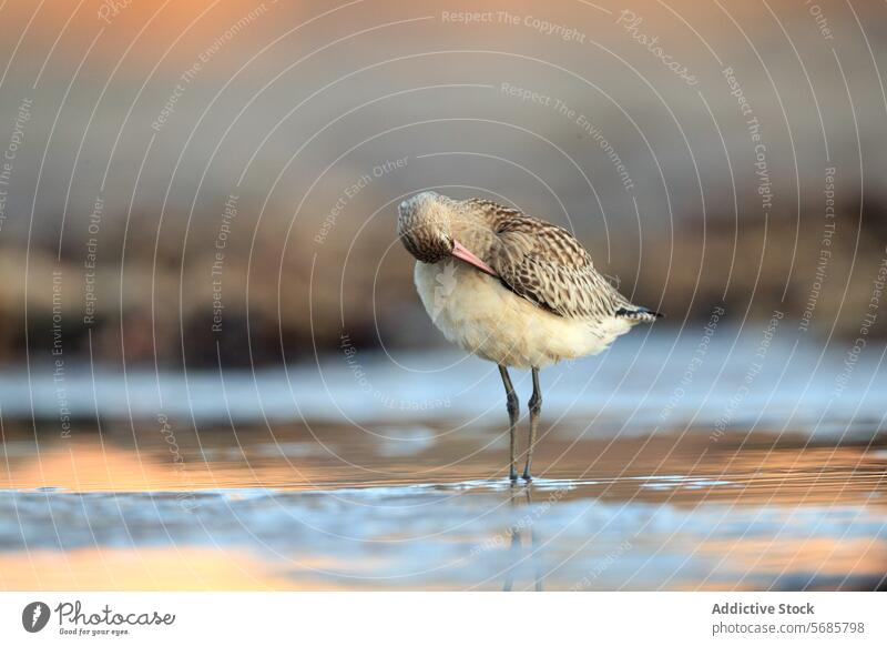 Pfuhlschnepfe beim Sonnenaufgang an der asturischen Küste putzend seichtes Wasser Asturien Vogel Gefieder Feder Natur Tierwelt migratorisch Durchgang Zugvogel