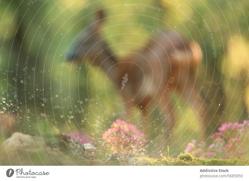 Ätherisches weibliches Reh in einem nebligen Wald Frau Nebel ätherisch Natur Tierwelt Gelassenheit geheimnisvoll Atmosphäre traumhaft Unschärfe im Freien wild