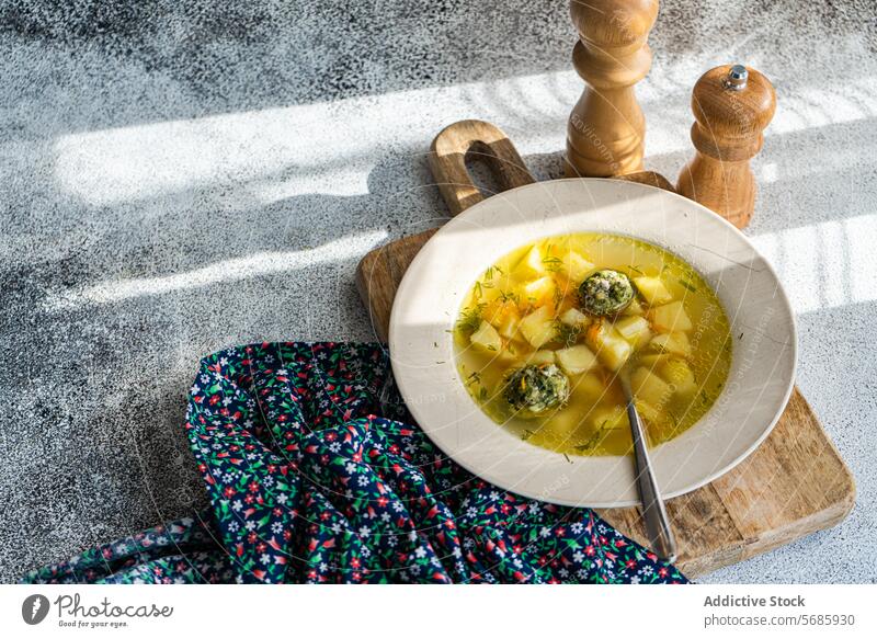 Deftige hausgemachte Frikadellensuppe bei natürlichem Licht Fleischklößchen Suppe selbstgemacht Schalen & Schüsseln hölzern Schneidebrett Salzmahlwerk