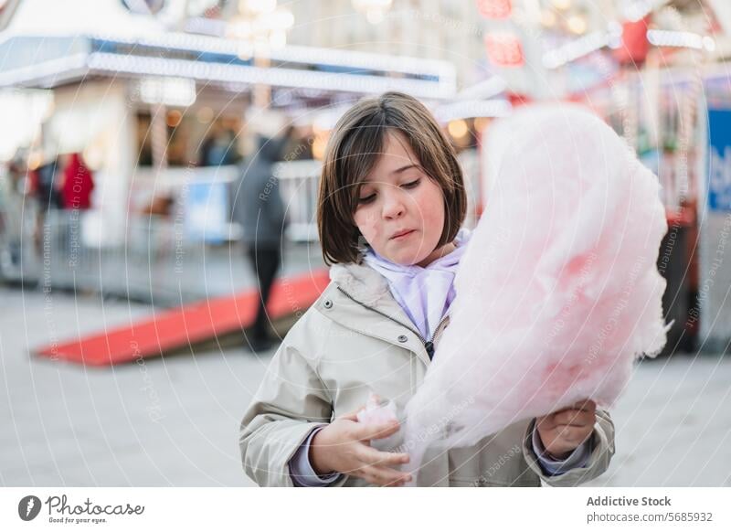 Mädchen im beigen Mantel isst spielerisch Zuckerwatte auf einer belebten unscharfen Straße Hintergrund t Kirmes genießend Essen beschäftigt süß Leckerbissen