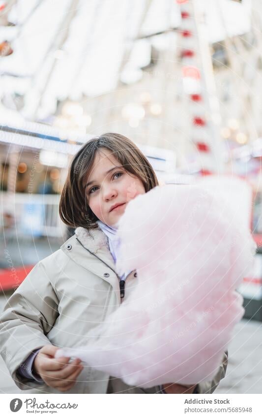 Mädchen in einem beigen Mantel isst spielerisch Zuckerwatte auf einer belebten unscharfen Straße Hintergrund Kirmes wegschauen genießend Freude Essen