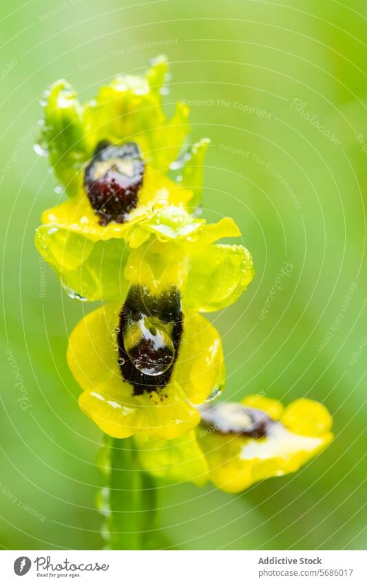 Lebendige Ophrys Lutea in voller Blüte Ophrys lutea Orchidee Nahaufnahme gelb Tau Blütenblätter Blütezeit Muster Blume pulsierend hell Natur Makro