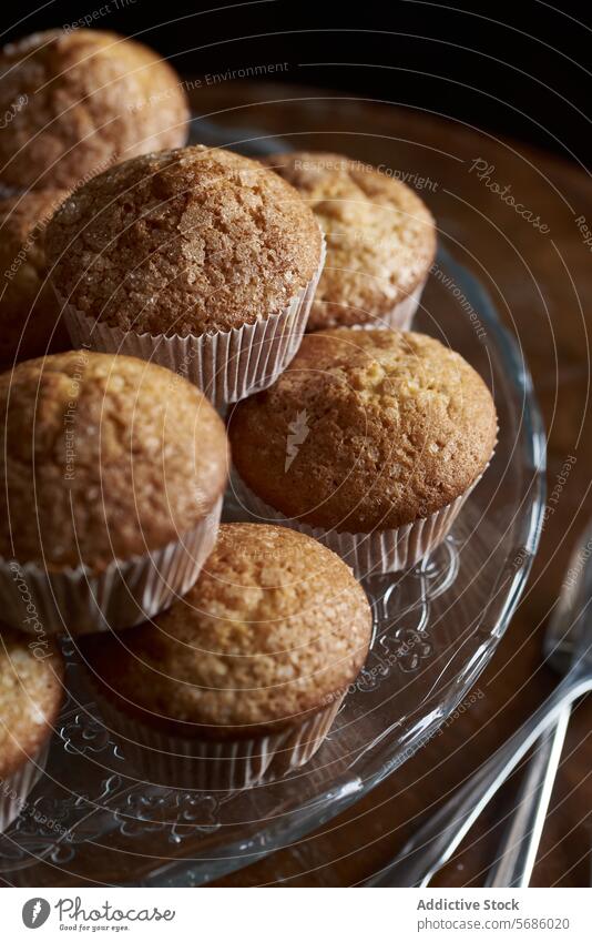 Selbstgebackene goldbraune Muffins im Glasständer golden Teller Servieren Dessert süß Gebäck Nahaufnahme Lebensmittel Snack Frühstück Bäckerei selbstgemacht