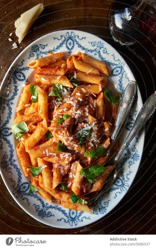 Traditionelles Nudelgericht mit Tomatensauce und Basilikum Spätzle Penne Parmesan Teller rustikal italienische Küche Mahlzeit Speise Feinschmecker Lebensmittel