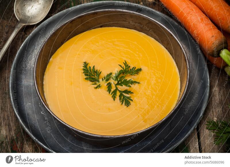 Karottencremesuppe in einer rustikalen Schale mit frischen Karotten Suppe Möhre Schalen & Schüsseln cremig Petersilie Garnierung altehrwürdig Löffel hölzern