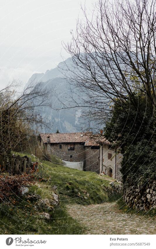 Canale di Tenno, mittelalterliches Dorf in Italien Blick Berge Trentino Tourismus Urlaub Häuser Dunst Trento Berge u. Gebirge Sommer Landschaft Natur See Himmel