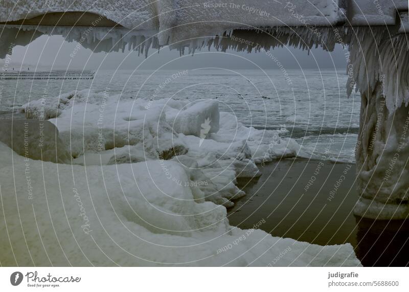 Winter an der Ostsee Eis Frost Schnee Küste Darß Bauwerk Brücke kalt Stimmung Landschaft Natur Eiszapfen klirrende Kälte eisig eisig kalt frostig Winterstimmung