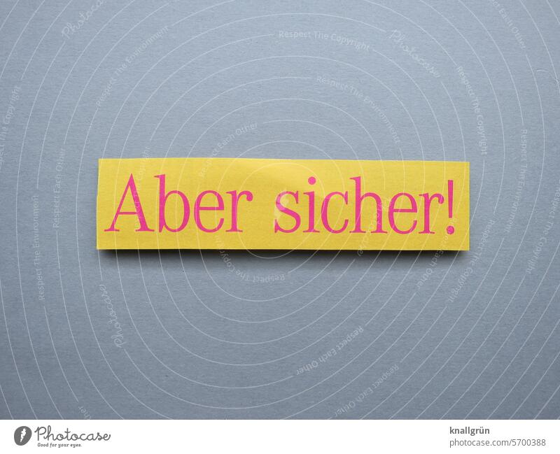 Aber sicher! Zustimmung Text bestätigen Sicherheit Wort Schrift Schriftzeichen Typographie Farbfoto Hintergrund neutral Entscheidung Studioaufnahme Buchstaben