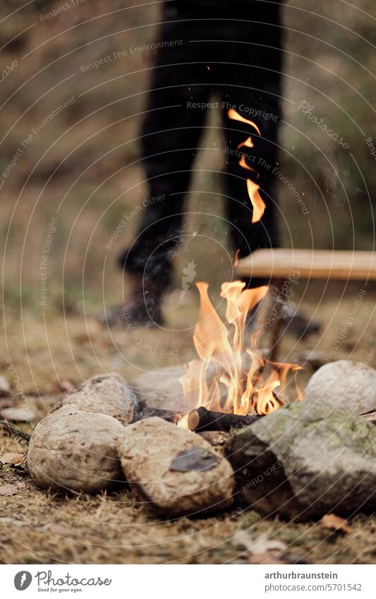 Lagerfeuer mit trockenem Holz im Steinkreis in der Natur Lagerfeuerstimmung Steine Wiese Naturerlebnis Naturliebe Feuer Feuerstelle brennen Brennholz brennend