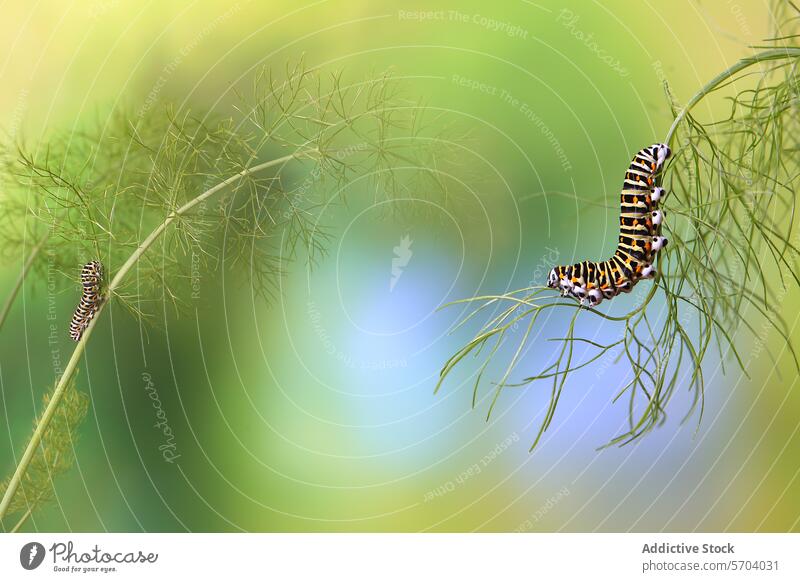 Zwei Papilio machaon-Raupen auf zarten Fenchelstängeln mit einem weichzeichnenden natürlichen grünen und blauen Hintergrund Schwalbenschwanz Schmetterling