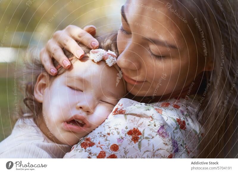 Ethnische Mutter und Tochter in einem kalifornischen Park Bonden Natur Kalifornien USA ethnisch Familie Liebe Zuneigung Zärtlichkeit schläfrig Kind Frau Umarmen