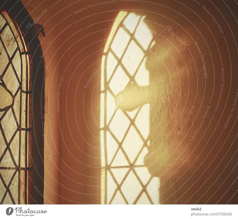 Fensterkreuz Kirche Eingang Kirchenfenster Detailaufnahme leuchten Glas Lichteinfall Farbfoto Innenaufnahme Strukturen & Formen Muster Menschenleer Schatten