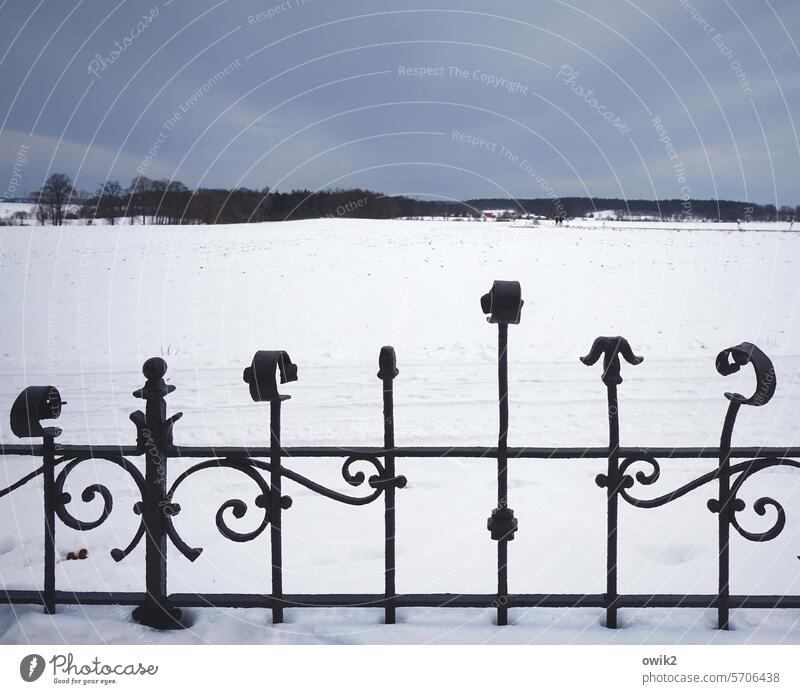 Winter im Schlosspark Winterstimmung Schneelandschaft Spaziergänger Paar zwei Ferne Schneedecke Wintertag weiß Zaun Geländer gechlossen Stille friedlich