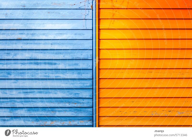 Teils teils blau orange Holzwand Linie Hintergrundbild geteilt Kontrast Farbe Strukturen & Formen Lack fifty-fifty Hälfte