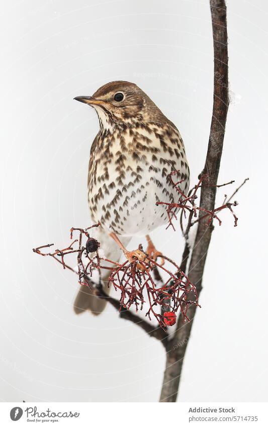 Singvogel auf verschneitem Zweig mit roten Beeren sitzend Ast Schnee weiß Hintergrund Natur Tierwelt Vogel gehockt Winter pulsierend gefleckt kalt Saison