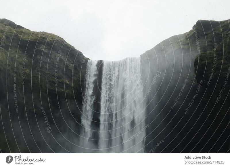 Nebliger Wasserfall Skogafoss in Island Nebel Natur Wahrzeichen reisen Landschaft Kaskadierung natürlich Schönheit majestätisch im Freien malerisch grün neblig