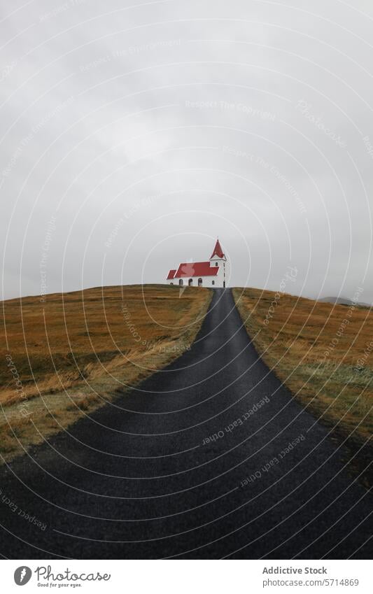 Generiertes Bild Island Ausflug Kirche Hügel Straße einsiedlerisch ruhig bedeckt Himmel Landschaft reisen Ausflugsziel malerisch Gelassenheit Grasland Natur