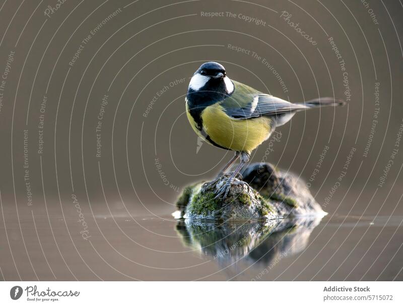 Kohlmeise auf einem moosbewachsenen Stein am Wasser sitzend Vogel Barsch Moos gelb schwarz Natur Tierwelt Schnabel Federn Gefieder Reflexion & Spiegelung