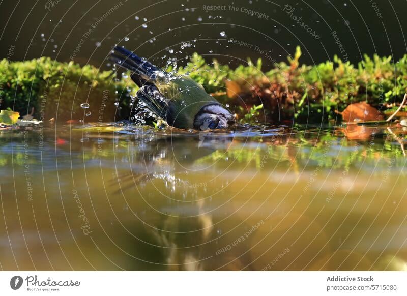 Blaumeise trinkt Wasser neben Marienkäfer eurasische Blaumeise trinken Moos grün rot Vogel Natur Tierwelt Reflexion & Spiegelung Pool pulsierend filigran