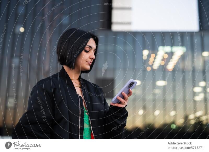 Urbane Frau mit Smartphone in Madrids 4-Türme-Viertel urban Stil cuatro torres Geschäftsgebiet trendy Großstadt Technik & Technologie modern Architektur Jugend