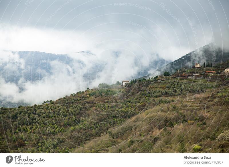 Panoramablick von oben auf die Berge der Alpen in Nebel und Wolken, Tal im Sonnenaufgang. Mittelalterliche Gebäude der Stadt Perinaldo, Ligurien, Italien alpin