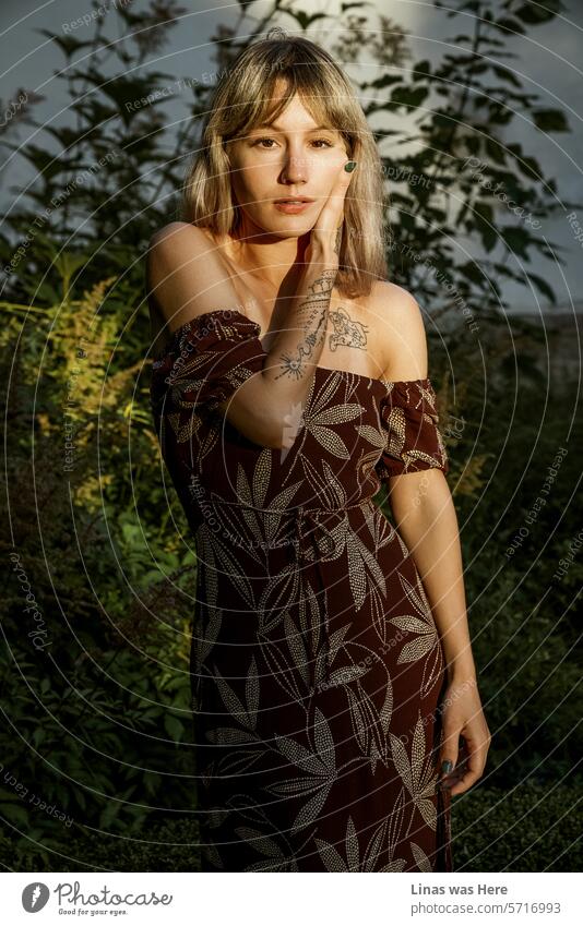 Ein atemberaubendes blondes Mädchen mit schönen Tattoos sonnt sich in den warmen Sonnenstrahlen. Sie trägt ein Sommerkleid und schafft eine sinnliche Atmosphäre mit einer feinen modellhaften Pose. Eine wahre Schönheit von einer hübschen Frau.