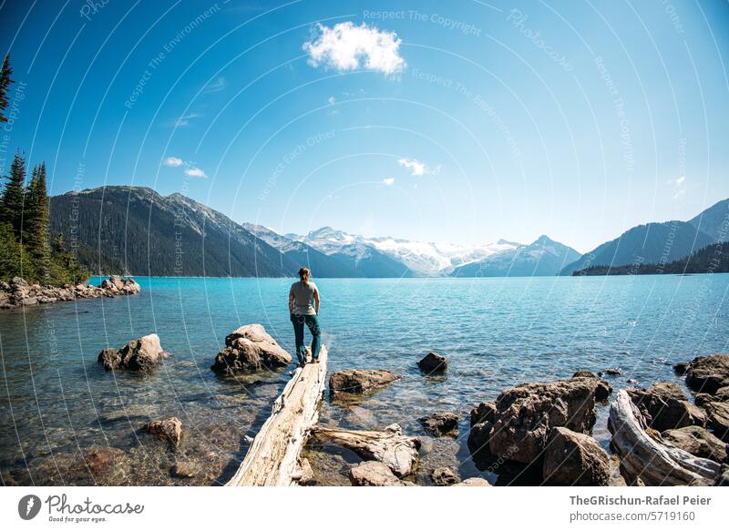 Frau steht auf Baumstamm vor dem Garibaldi Lake und Bergen Kanada Wald Berge u. Gebirge aussicht wandern Panorama (Aussicht) Blauer Himmel sonnig wandernd