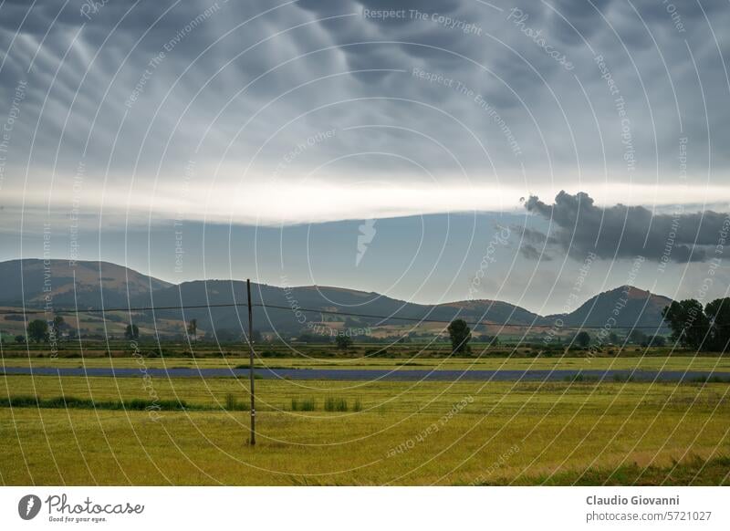 Ländliche Landschaft bei Colfiorito, Marken, Italien, im Sommer Europa Macerata Marche Farbe Tag Bauernhof Feld grün Hügel Natur Fotografie Pflanze ländlich