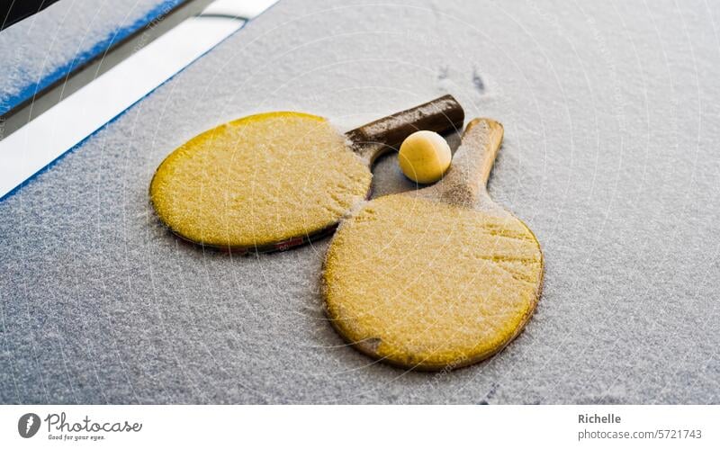 Mit Schnee bedeckte Tischtennisschläger. Fledermäuse pingpongbats ping-pongbats Sport tabletennis Eis Winter Wintersport Hintergrund gelb Schneeflocke