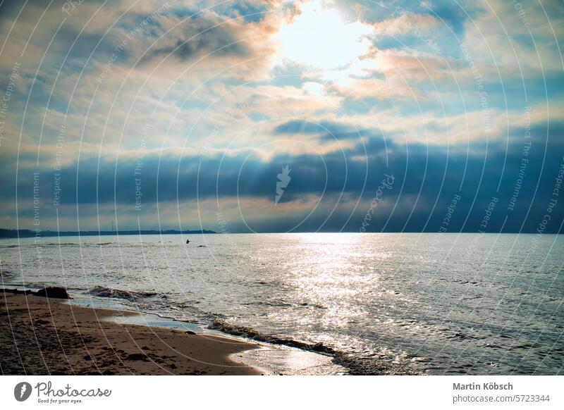 Sonnenuntergang, beleuchtetes Meer. Sandstrand im Vordergrund. Leichte Wellen. Ostsee Sonnenstrahlen Sonnenschein Reflexion & Spiegelung Küste winken reisen