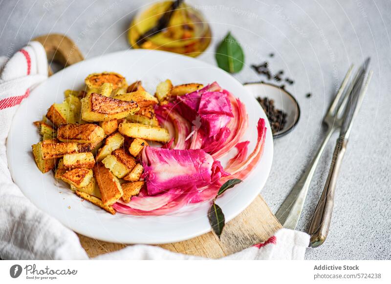 Pikantes Gericht aus fermentiertem Kohl mit Roter Bete und Knoblauch Kohlgewächse Rote Beete Würzig rote Paprika Speise pulsierend erfahren gebacken Kartoffeln