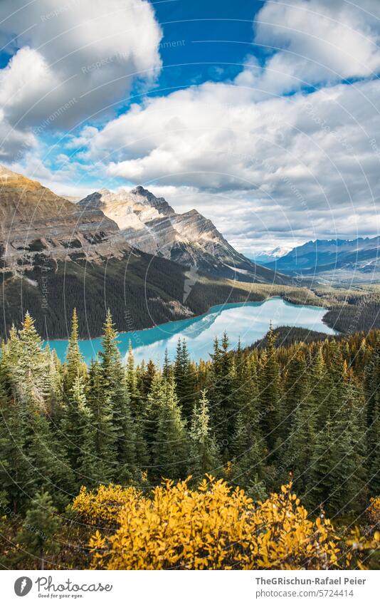 Berge spiegeln sich im türkisfarbenen See (Peyto Lake) Kanada Berge u. Gebirge Wolken Wasser Icefield Parkway Rocky Mountains Ferien & Urlaub & Reisen