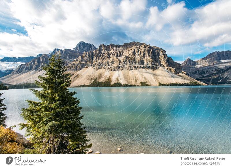 See am Morgen mit Berg im Hintergrund Fluss Kanada Berge u. Gebirge Wolken Wasser Icefield Parkway Rocky Mountains Ferien & Urlaub & Reisen Außenaufnahme