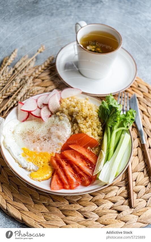 Gesundes Bio-Lunch-Set mit Tee Gesundheit organisch Mittagessen Rettich Tomate Sellerie Spiegelei bulgur Müsli Tasse Kräuterbuch nahrhaft Teller frisch