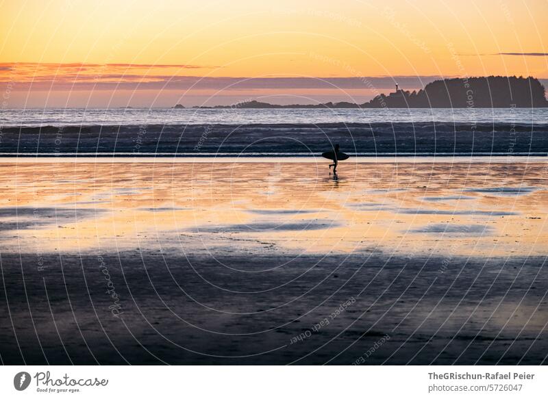 Surfer lauft am Strand entlang in Abendstimmung cox bay Vancouver Island meer Gischt Wellen Kanada British Columbia Meer Nordamerika Wasser Küste Natur Farbfoto