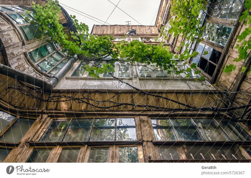 Fenster eines alten hohen Hauses in Georgien Kaukasus tiflis Appartements authentisch Balkon Gebäude Kabel Großstadt Farbe Riss Kurve Revier Schlafsaal Glas