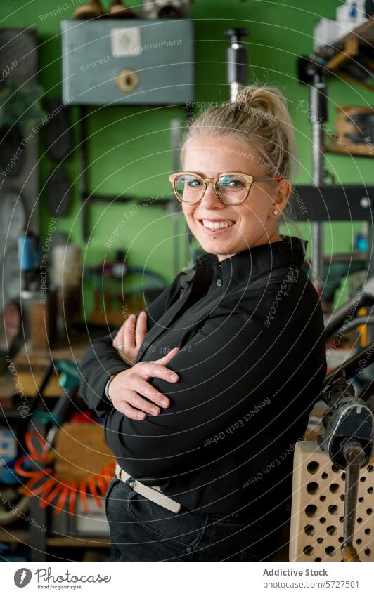 Selbstbewusste Schuhmacherin im Workshop-Setting Frau Schuster Werkstatt Österreich Lächeln Selbstvertrauen Werkzeuge Gerät Handwerk Kunstgewerbler Beruf Brille