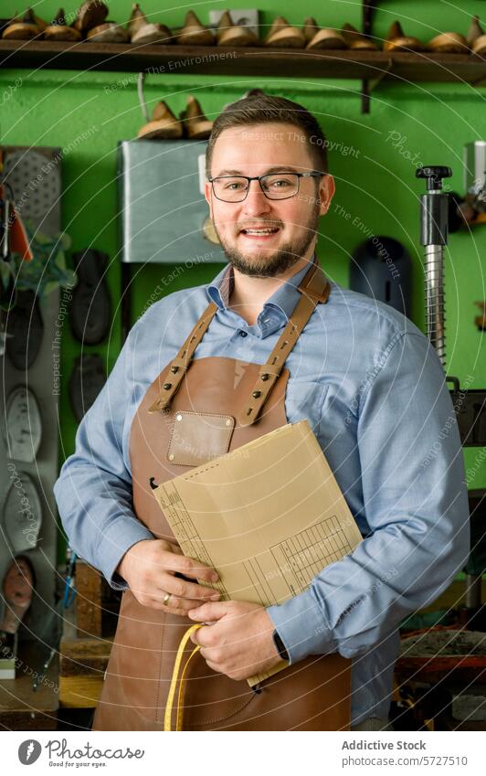 Glücklicher Schuhmacher in seiner Werkstatt in Österreich Schuster Leder Schürze Handwerk Lächeln Kunstgewerbler handgefertigt Muster blaues Hemd Brille Beruf