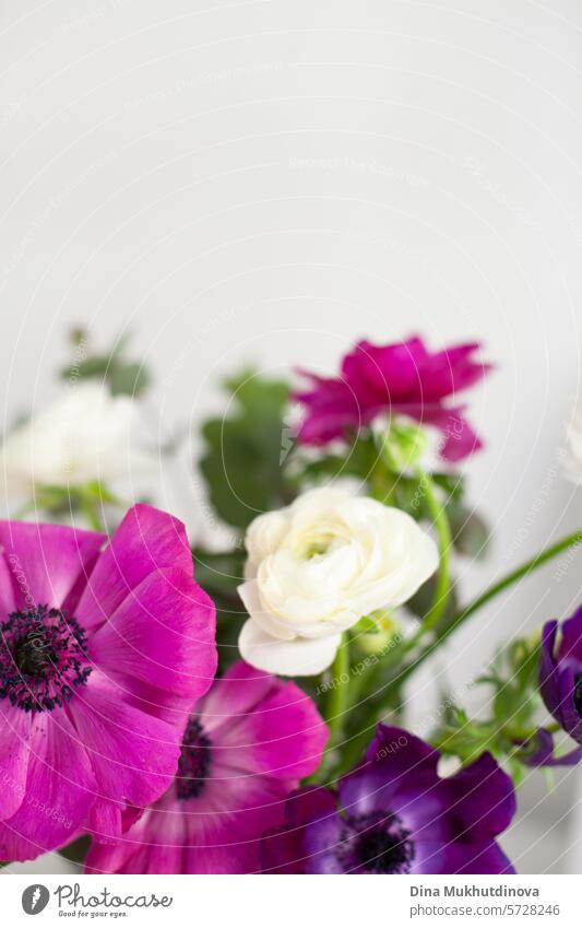 Blumenstrauß aus rosa und lila Blumen Großaufnahme auf weißem Hintergrund. Ich kann mir Blumen kaufen. Alles Gute zum Geburtstag oder Jahrestag. geblümt