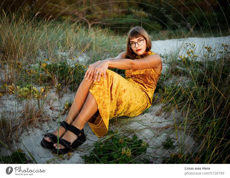 Während die goldene Stunde naht, posiert ein atemberaubendes brünettes Mädchen in einem goldenen Kleid für einen makellosen Modeltest inmitten dieser wilden, romantisch beleuchteten Dünen. Eine kurze Erinnerung daran, dass jeden Tag Frauentag ist.