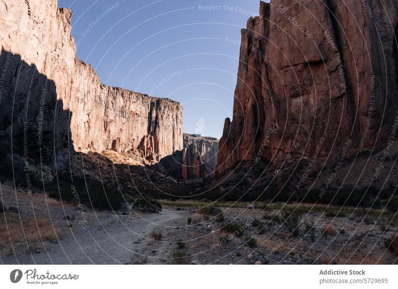 Das weiche Licht der Abenddämmerung beleuchtet sanft einen zerklüfteten Canyon in Patagonien, Argentinien, mit einem staubigen Pfad, der zu Erkundung und Abenteuer einlädt