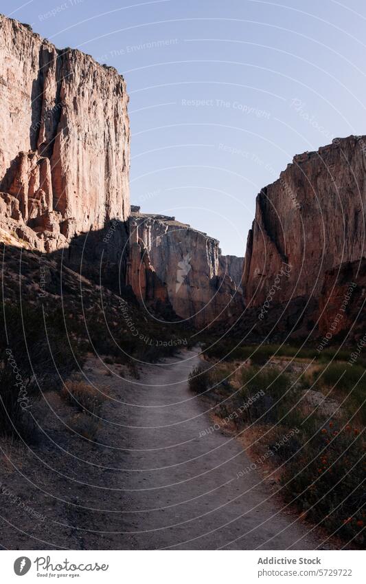 Das weiche Licht der Abenddämmerung beleuchtet sanft einen zerklüfteten Canyon in Patagonien, Argentinien, mit einem staubigen Pfad, der zu Erkundung und Abenteuer einlädt