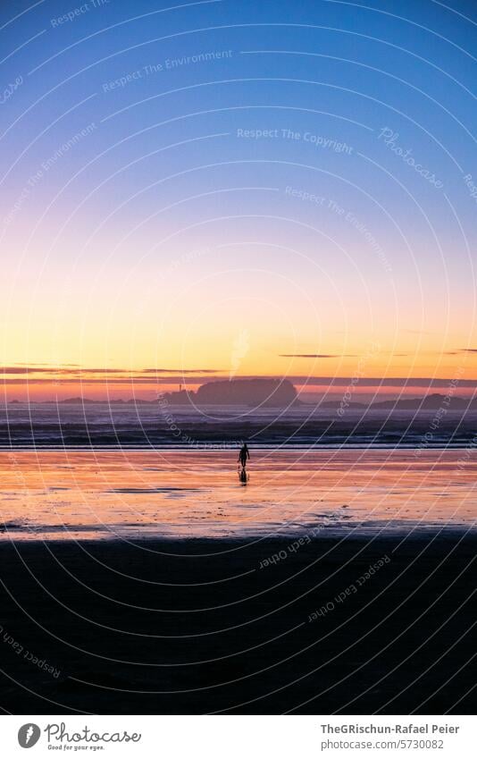 Surfer lauft am Strand entlang in Abendstimmung cox bay Vancouver Island meer Gischt Wellen Kanada British Columbia Meer Nordamerika Wasser Küste Natur Farbfoto