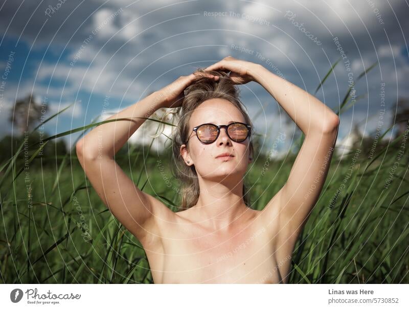 Ein wunderschönes Oben-ohne-Mädchen mit Sonnenbrille verbringt einen entspannten Nachmittag, umgeben von grüner Natur und einigen dunklen Wolken. Ein sexy Bild einer hübschen Frau, die sich in ihrer Haut wohlfühlt. Unscharfe Linien könnte ein passender Name dafür sein.