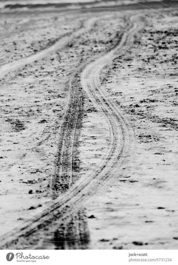 Reifenspuren am Strand Sand Abdruck Reifenprofil Spuren Strukturen & Formen Wege & Pfade Schwarzweißfoto Profil Textur Fahrspur Sandstrand Mobilität