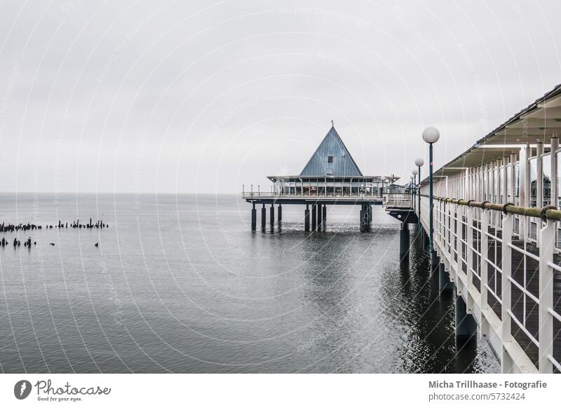 Seebrücke Heringsdorf (Insel Usedom) bei trübem Wetter Ostsee Brücke trübes Wetter kühl Bauwerk Geländer Pfeiler Tourismus Meer Küste Wasser